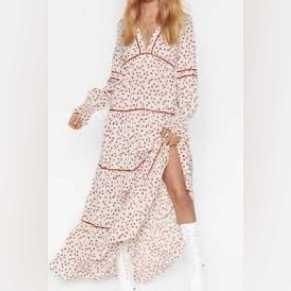 Nasty Gal Cream Maxi Dress with Floral Print and Red Trim